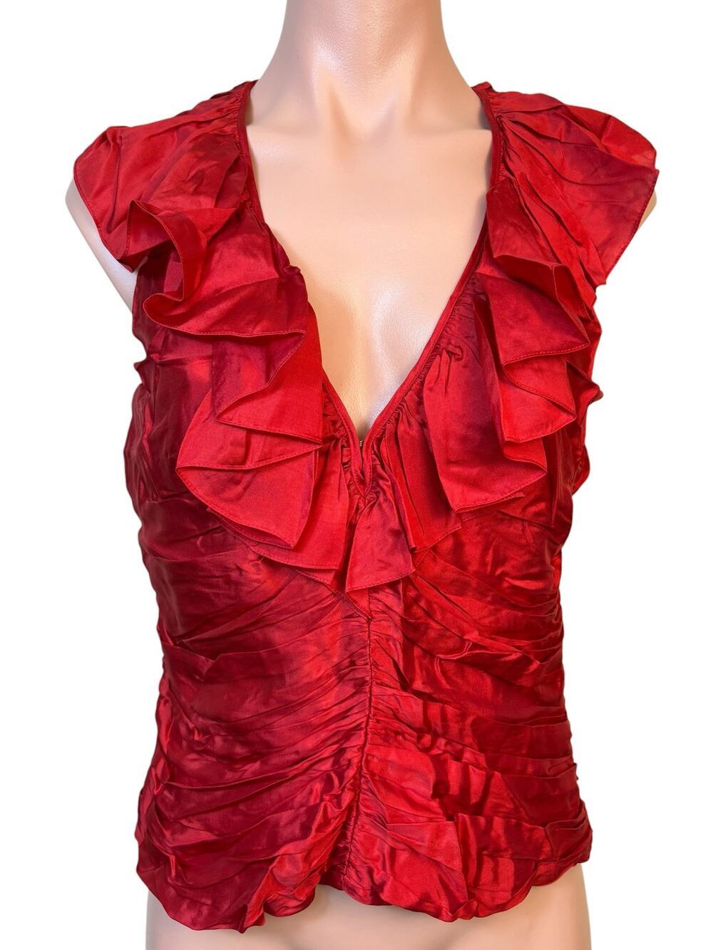 Ralph Lauren Purple Label 100% Silk Ruffle Ruched Blouse 10 Red Luxury Cocktail